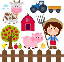 Farming in the country set with farm animals and a farmer boy child. Happy kid at the farm working in the garden field with tractor, barn, farm animals, fence and apple tree. Illustration collection vector