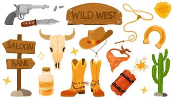 Wild west set. Cute set of cowboy elements with cactus, hat, whip, boots, skull, revolver, headscarf. Various objects. Cowboy theme. Hand drawn colored set. vector