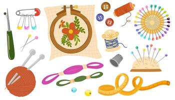 Sewing tools set. Needles, scissors, yarn, sewing machine, buttons, spools, threads etc. Needlework concept. Hand draw illustration isolated on the white background vector