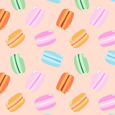 Seamless pattern with colorful macarons in a variety of flavors. Background for banners, cards, flyers, social media wallpapers, etc
