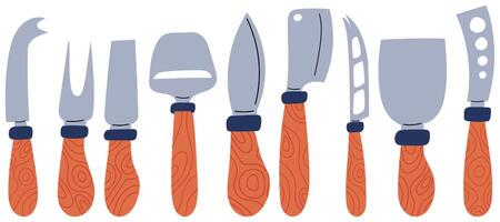 Set of cheese knives with various blade shapes,perfect for slicing and serving cheese vector