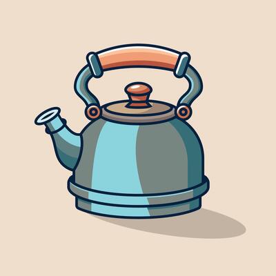 Retro tea pot with red handle isolated kettle with hot drink. teapot with cap, tea-kettle of stainless steel. Kitchen utensils, household appliance to boil