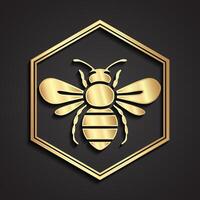 bee in hexagon 3d shiny gold logo design vector