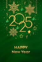 Happy New Year 2025. Hanging Golden metallic numbers 2025 with shining snowflakes, 3D metallic stars, balls and confetti on green background. New Year greeting card or banner template. . vector
