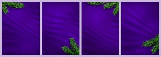 Christmas backgrounds set. Holiday pine and fir branches on purple background. Festive Xmas and New Year background. Fir branch. Pine branch. Christmas card. vector