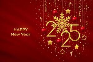Happy New Year 2025. Hanging Golden metallic numbers 2025 with shining snowflakes, 3D metallic stars, balls, confetti on red background. New Year greeting card, banner template. vector