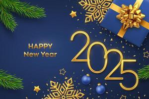 Happy New Year 2025. Golden metallic numbers 2025 with gift box, shining snowflake, pine branches, stars, balls and confetti on blue background. New Year greeting card or banner template. vector