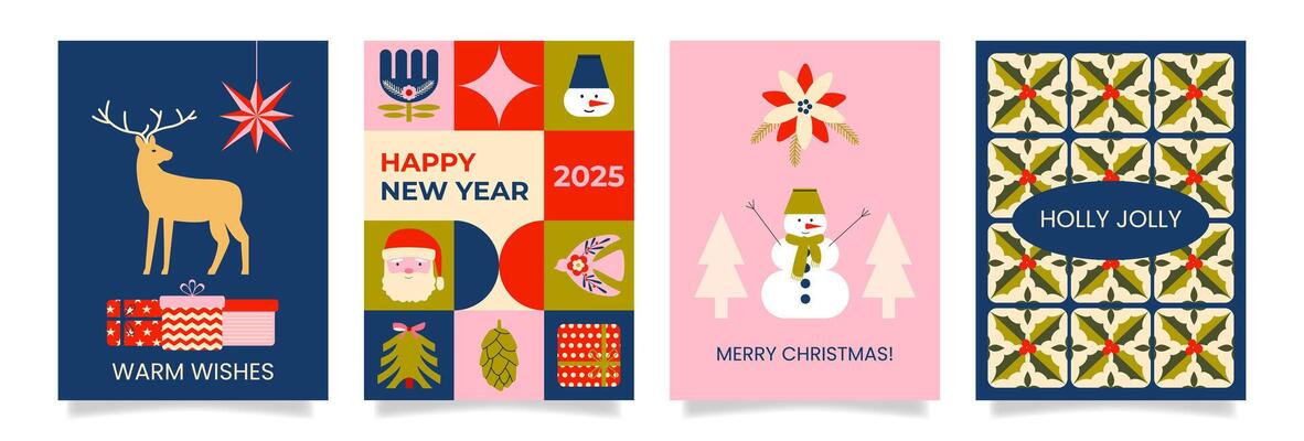 Merry Christmas and Happy New Year greeting cards. Geometric retro vintage festive elements. Christmas trees, snowman, deer, gifts. Banner, flyer, cover, poster template with typography. .
