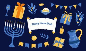 Happy Hanukkah elements set. Collection of colorful Hanukkah symbols with menorah, coins, donuts. Flat textured illustration. vector