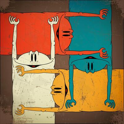Four crossed colorful creatures