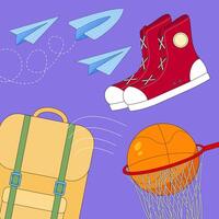 Colorful illustration of back-to-school essentials including sneakers, a basketball, backpack, and paper planes for creative educational designs. vector