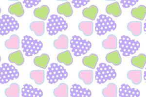 A seamless pattern featuring hearts with polka dots, lacy borders, and pastel colors on a white background. vector