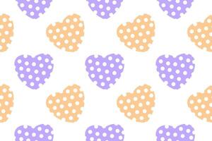 Seamless pattern of polka dot hearts in pastel purple and orange on a white background, ideal for creative projects. vector