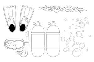 A detailed black and white coloring page featuring diving gear including mask, snorkel, fins, diving cylinders, wave and bubbles. Perfect for underwater-themed projects and activities. vector