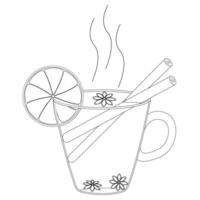 Black-and-white illustration of a steaming cup with cinnamon sticks, lemon slice, and star anise, ideal for coloring. vector
