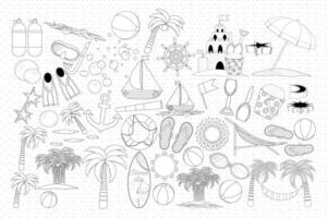 Detailed black and white beach set illustration for coloring. Includes various beach elements like umbrellas, flip flops, and palm trees. Perfect for kids and adults. vector