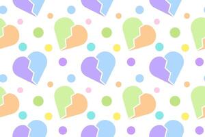 Repeating pattern of pastel-colored broken hearts and playful dots on a white background. vector