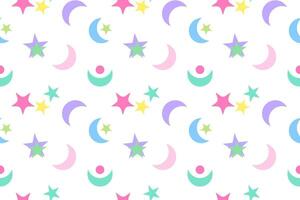 Seamless pattern of colorful stars, moons, and celestial shapes on a white background, ideal for creative projects. vector