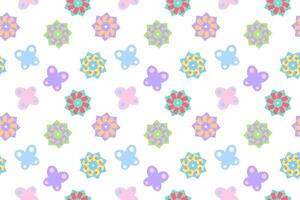 Playful seamless pattern featuring colorful butterflies and geometric floral designs on a white background. vector