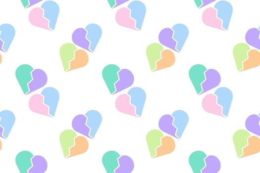 A seamless pattern of pastel-colored broken hearts in pairs, creatively arranged on a white background. vector