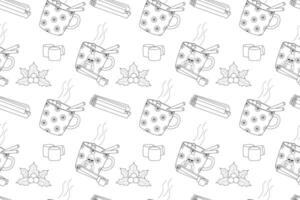 Black-and-white seamless pattern designed as a coloring page featuring Christmas mugs, cinnamon sticks, holly leaves, and marshmallows. vector