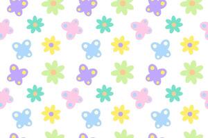 A seamless pattern featuring colorful pastel flowers and butterflies on a white background, ideal for cheerful designs. vector