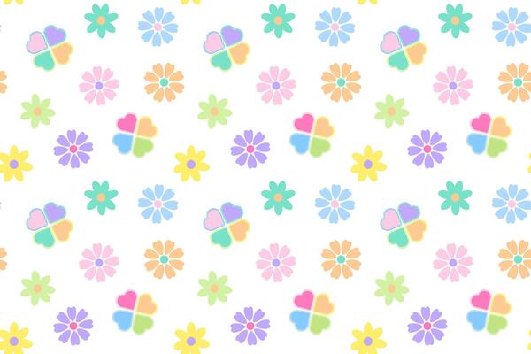 Vibrant seamless pattern of colorful flowers and heart-shaped clovers in pastel hues on a white background.