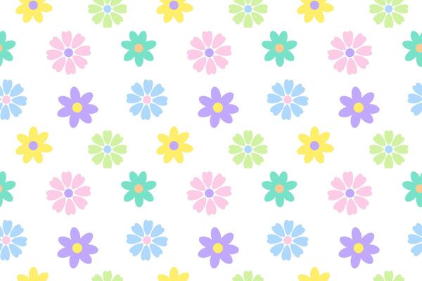 A seamless pattern of pastel flowers in two different styles, arranged on a white background, perfect for spring designs.