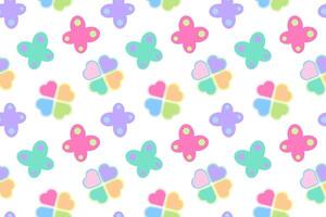A seamless pattern featuring colorful heart-shaped flowers and whimsical butterflies on a white background. vector