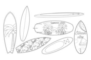 Set of detailed surfboard illustrations for coloring. Perfect for summer, beach, and surfing enthusiasts of all ages. vector