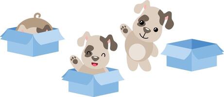 Cute puppy in different positions going out a cardboard box vector