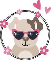 Cool super star dog in round frame with flowers vector
