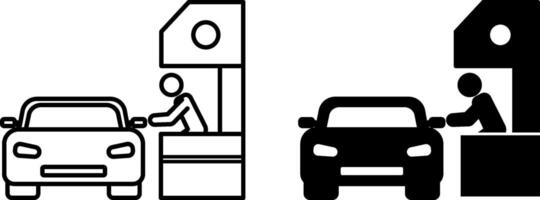 Drive Thru Icons. Black and White Illustrations. Takeaway Service. Purchase of Goods on Exit from Car. Seller Sells Food to Car Driver vector