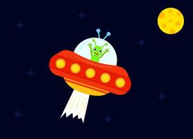 An alien spaceship flying through space with a moon in the background vector
