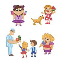 Children play with pets and ice cream on a summer day vector