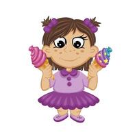 Smiling girl holding two colorful ice cream cones. vector