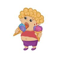 Boy enjoying two scoops of colorful ice cream cones vector