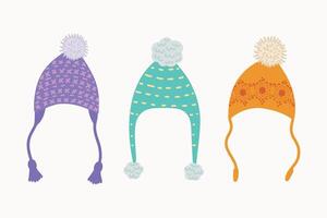 A collection of winter or autumn hats in a flat style. Knitted hats for girls and boys in cold weather on a white background. The icon of the web page design element. illustration vector