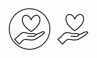 The heart icon is in your hand. A hand holding a heart. A love icon. A symbol of health, medicine. Doctor's hands holding the heart in a flat and linear style - Stock image. vector