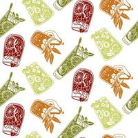 pattern with soft drinks is red, green, and orange. The texture of juicy drinks. Silhouettes of glass glasses with iced drinks. Seamless texture of drinks on white. Printing for menu packaging, bar vector