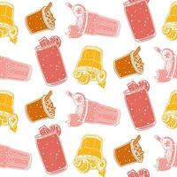pattern with bright drinks in pink and orange colors. Texture of juicy drinks. Silhouettes of glass glasses with cozy drinks. Seamless texture of drinks on white. Printing for menu packaging, paper vector