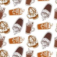 pattern with warm drinks in brown and orange colors. texture of winter drinks. Silhouettes of glass glasses with cozy drinks. Seamless texture of drinks on white. Printing for menu packaging, paper vector