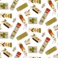 A pattern of glass containers with branches, seeds, and flowers inside. Home floristry for memory. Small jars with a lid for storing memorabilia. Packing herbarium, dried flowers. illustration vector