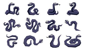 set of Future Dusk snakes of 2025, geometrically crawling from above. Isolated geometric snakes writhing in different poses. illustration in flat style. Animals of 2025 with different textures vector