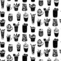 A pattern with contrasting black drinks on white. Seamless texture of drinks for bar, restaurant. Glasses up in rows. Silhouettes of glass glasses with cozy drinks. Printing for menu packaging, paper vector