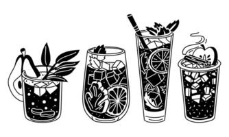 set of silhouettes of black drinks on a white background. Seamless texture of drinks for bar, restaurant. glasses are randomly placed. glass with cozy drinks. Printing for menus on packaging, paper vector