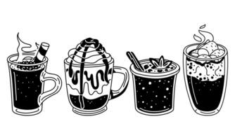 set of silhouettes of black drinks on a white background. Seamless texture of drinks for bar, restaurant. glasses are randomly placed. glasses with cozy drinks. Printing for menus on packaging, paper vector