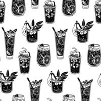 pattern with contrasting black drinks on white. Seamless texture of drinks for bar, restaurant. glasses are chaotic. Silhouettes of glass glasses with cozy drinks. Printing for menu packaging, paper vector