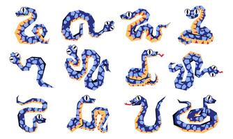 set of blue snakes in 2025, geometrically crawling from above. Isolated geometric writhing snakes in different poses. illustration in flat style. Animal the year 2025 with different textures. vector