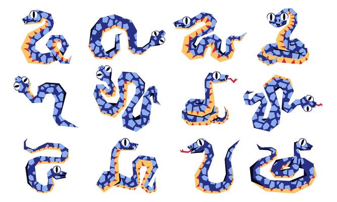 set of blue snakes in 2025, geometrically crawling from above. Isolated geometric writhing snakes in different poses. illustration in flat style. Animal the year 2025 with different textures.